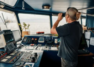 Boat captain confidently navigating on open water