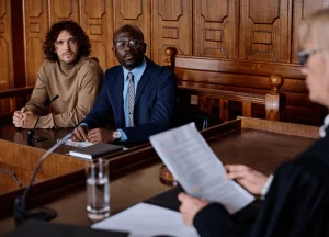 Maritime injury attorney consulting with an injured seaman in a professional office setting.