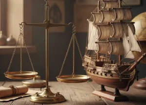 Old brass balance scale on a table beside a model ship, symbolizing maritime law and salvage rights.
