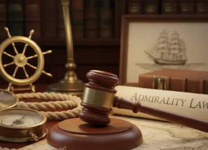 Judge’s gavel on a desk with nautical items, including a compass, rope, and ship wheel, representing maritime law and legal decision-making in salvage cases.