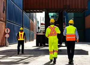 Port workers wearing safety gear walking through a shipping container terminal.