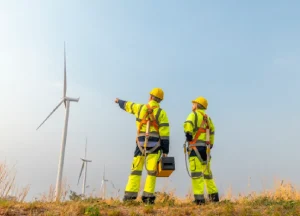 Wind turbines with workers performing maintenance and inspection tasks.