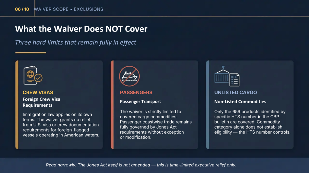 jones act waiver does not cover the following