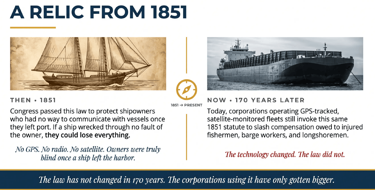 Infographic titled 'A Relic from 1851' comparing a 19th-century sailing vessel to a modern cargo ship to explain how the Limitation of Liability Act is outdated.