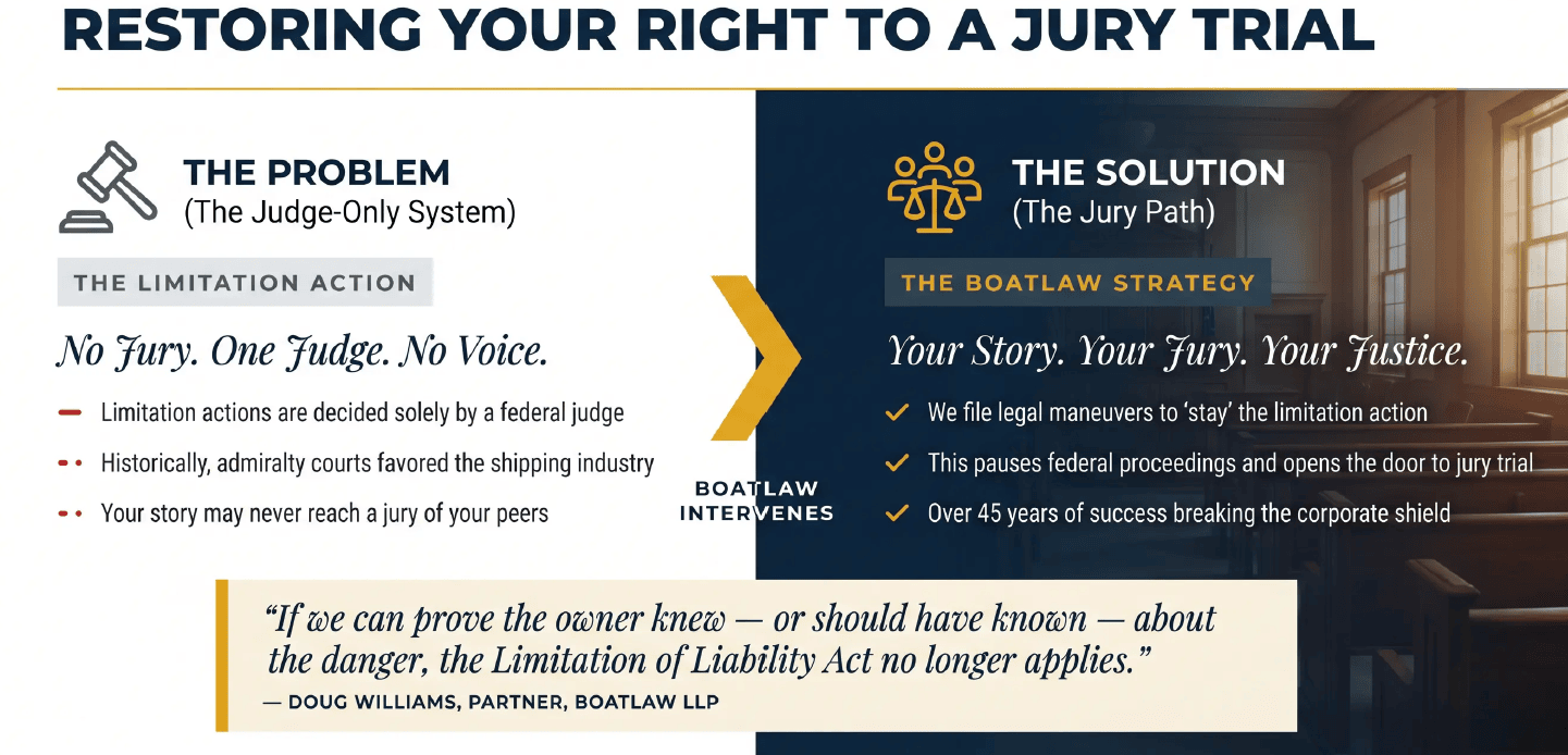 Infographic explaining how BoatLaw, LLP restores a maritime worker's right to a jury trial by staying federal limitation actions filed by shipping companies.