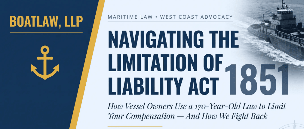 Infographic explaining the Maritime Limitation of Liability Act of 1851, showing how vessel owners attempt to limit injury claims to the post-accident value of the boat.