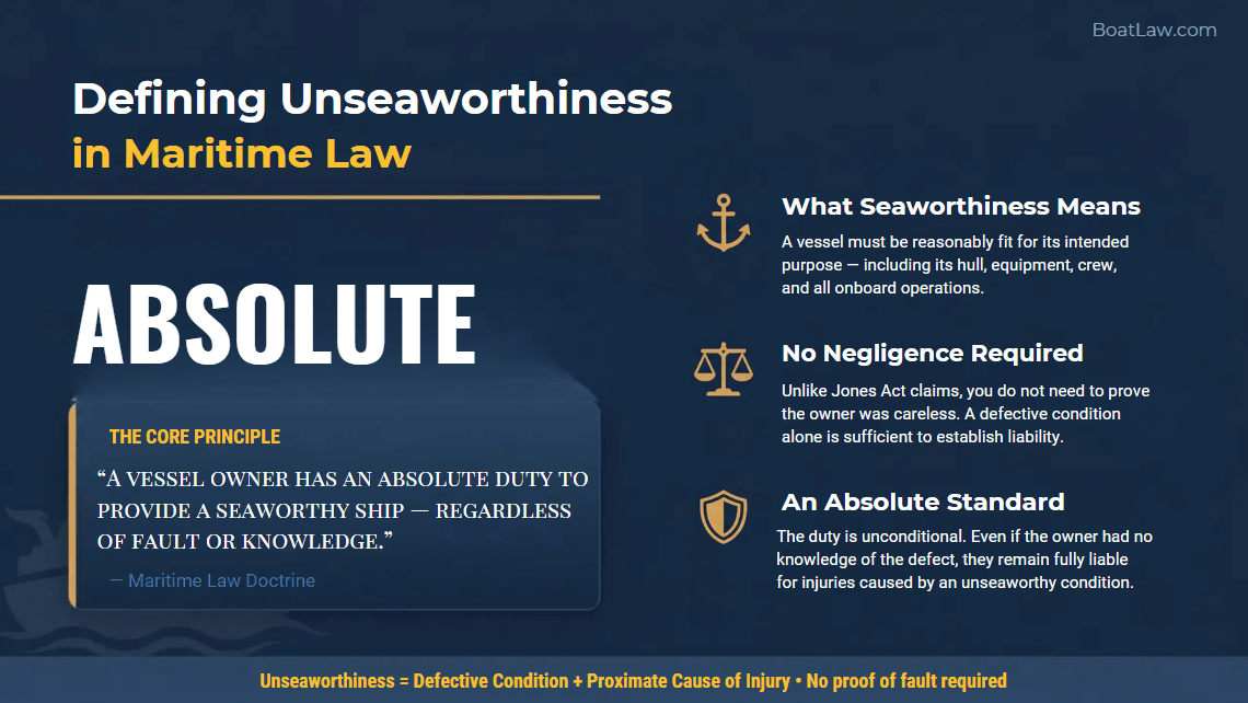 Legal definition of maritime unseaworthiness explaining the vessel owner's absolute duty to provide a ship reasonably fit for its intended purpose.