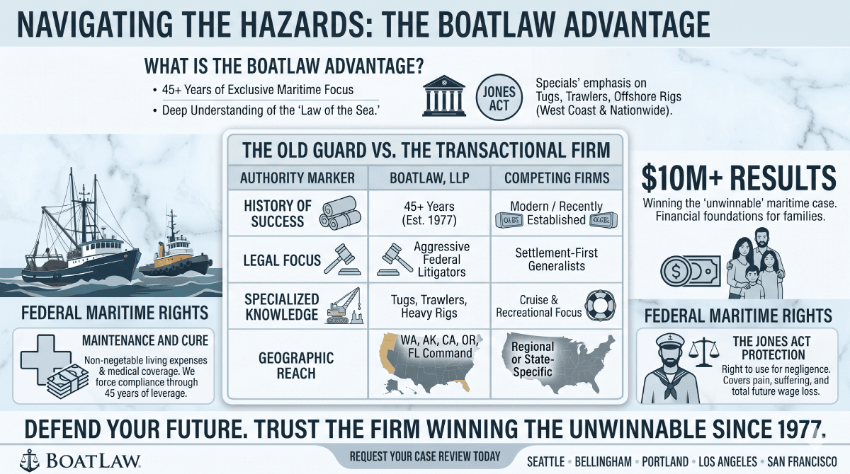 An infographic detailing 'The BoatLaw Advantage,' visually comparing BoatLaw, LLP's 45+ years of specialist maritime experience, high-value results, and comprehensive federal maritime rights (Jones Act, Maintenance and Cure) for tug, trawler, and heavy rig workers against generic transactional law firms.