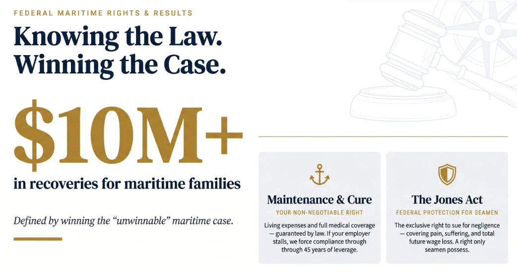 Infographic for BoatLaw, LLP comparing their specialist maritime law expertise to general practice firms, highlighting key distinctions in history, legal focus, specialized knowledge, and geographical reach for injured workers.
