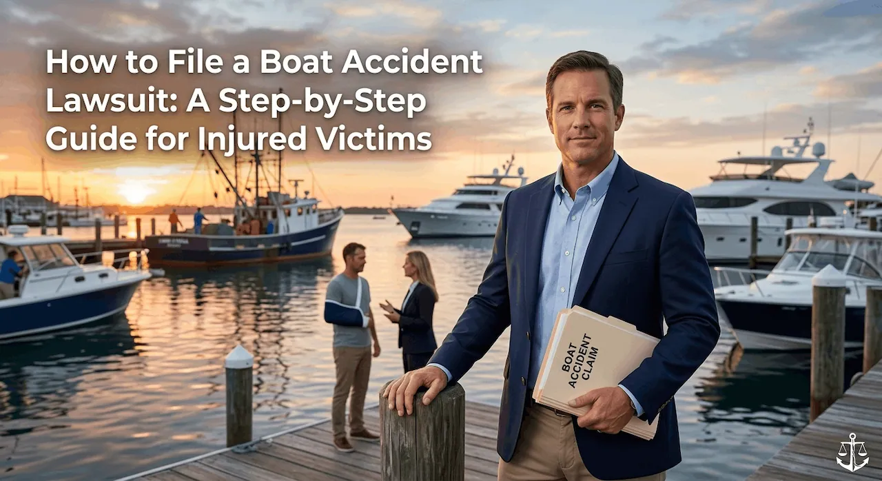 Maritime injury attorney holding a boat accident claim folder at a commercial marina, representing injured deckhands and fishermen.