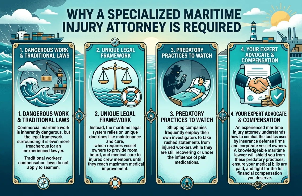 Infographic titled "Why A Specialized Maritime Injury Attorney Is Required" with four illustrative sections.