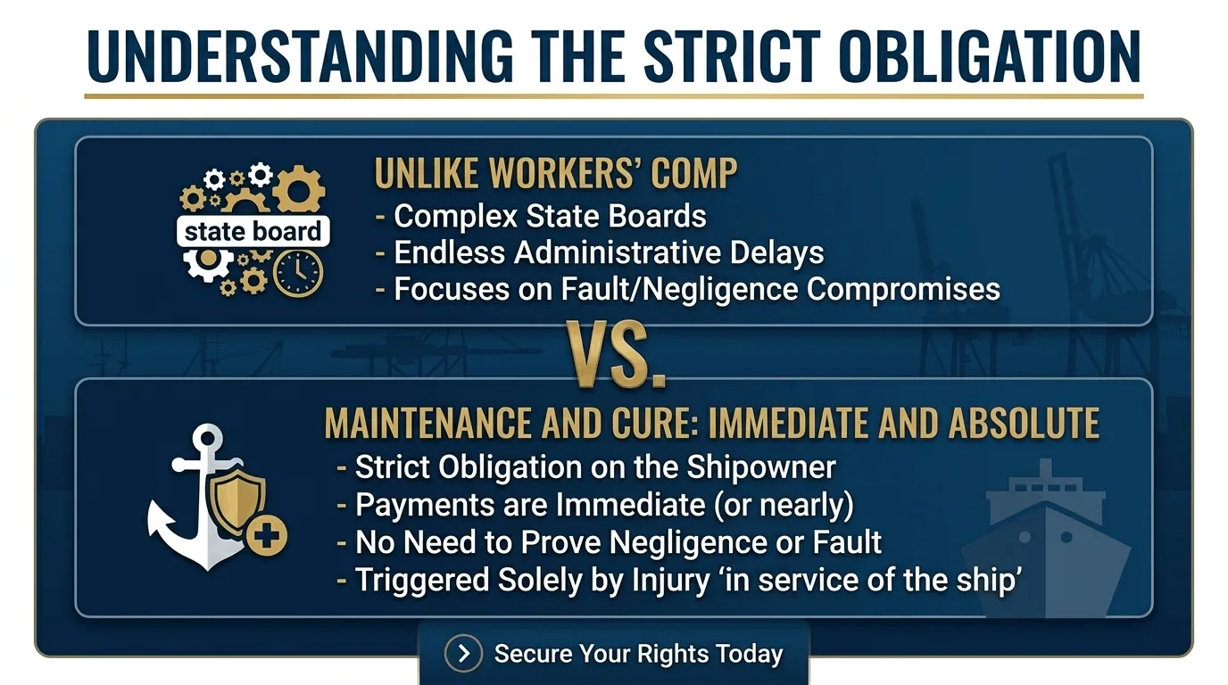 Infographic comparing Workers' Comp complexities with absolute Maintenance and Cure rights.