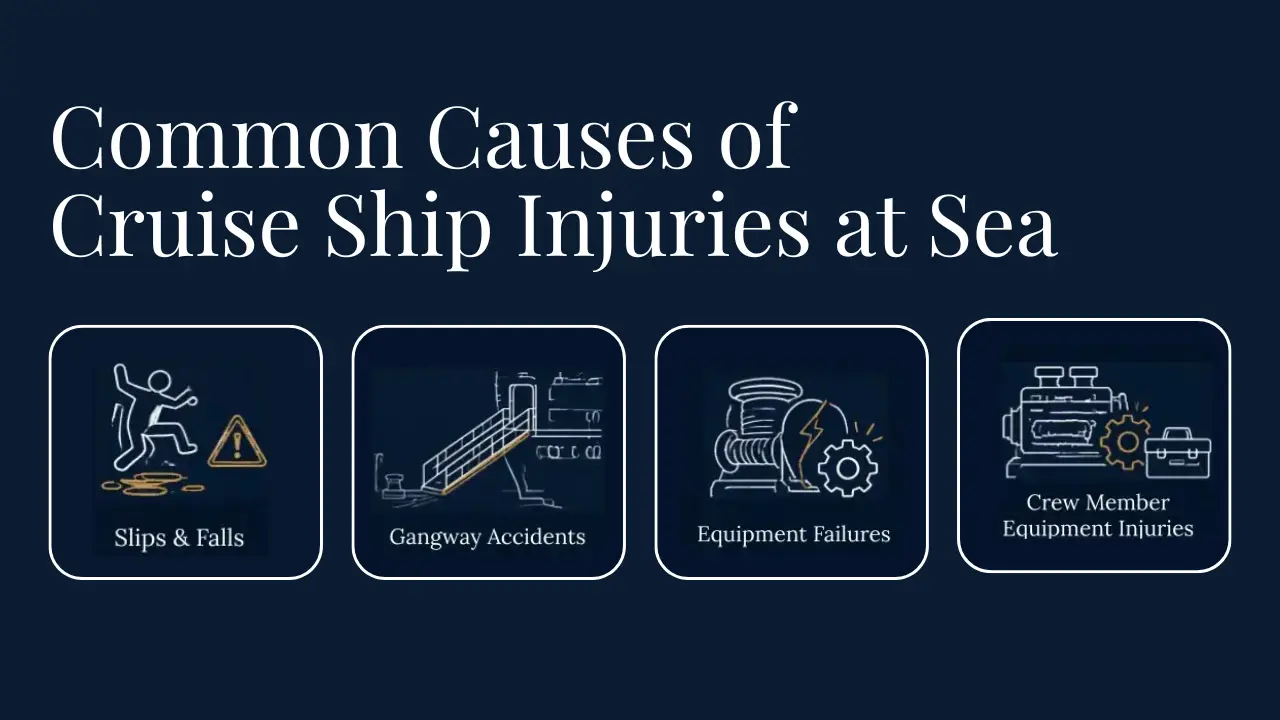 An infographic titled "Common Causes of Cruise Ship Injuries at Sea" listing four categories: Slips & Falls, Gangway Accidents, Equipment Failures, and Crew Member Equipment Injuries.